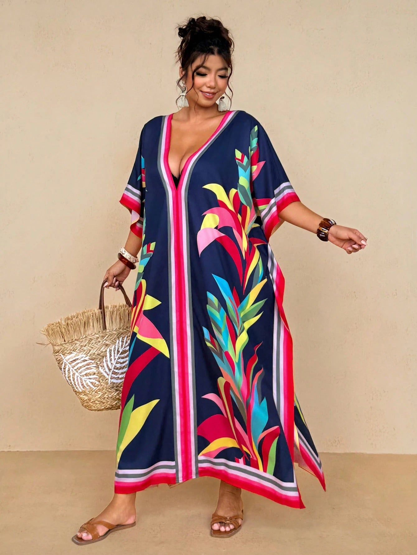 Travachic Women's Navy Blue Summer Boho Beach Holiday Tropical Resort Wear,Colorful Striped Floral Print V-Neck Kaftan Dress,Loose Batwing Sleeve Maxi Cover Up