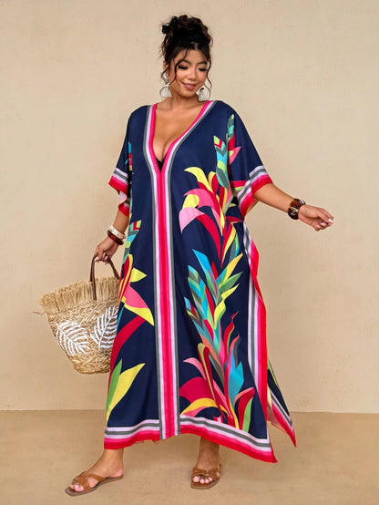 Travachic Women's Navy Blue Summer Boho Beach Holiday Tropical Resort Wear,Colorful Striped Floral Print V-Neck Kaftan Dress,Loose Batwing Sleeve Maxi Cover Up