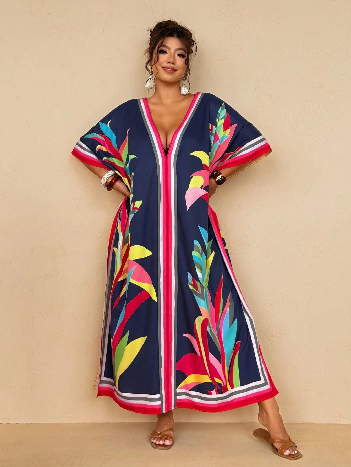Travachic Women's Navy Blue Summer Boho Beach Holiday Tropical Resort Wear,Colorful Striped Floral Print V-Neck Kaftan Dress,Loose Batwing Sleeve Maxi Cover Up