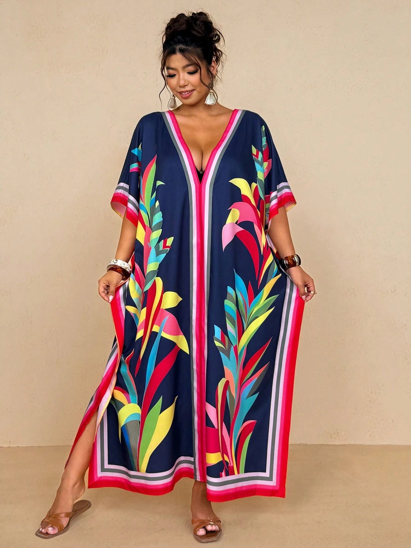 Travachic Women's Navy Blue Summer Boho Beach Holiday Tropical Resort Wear,Colorful Striped Floral Print V-Neck Kaftan Dress,Loose Batwing Sleeve Maxi Cover Up