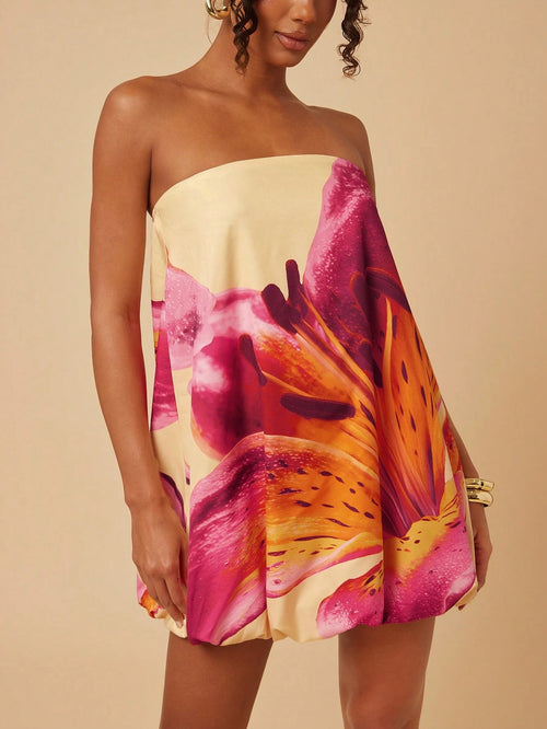 Travachic Women's Orange Floral Tube Bubble Dress, Beach Vacation Style, Summer Outfits, Festival Sexy Casual Luxury