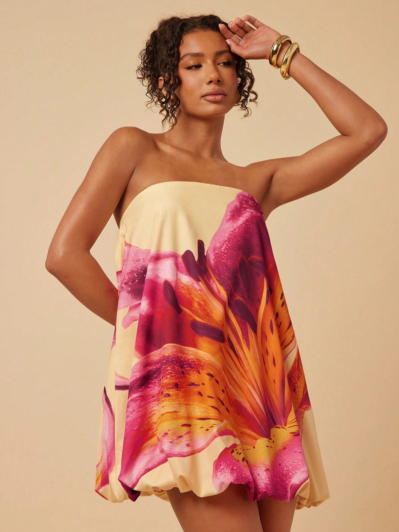 Travachic Women's Orange Floral Tube Bubble Dress, Beach Vacation Style, Summer Outfits, Festival Sexy Casual Luxury
