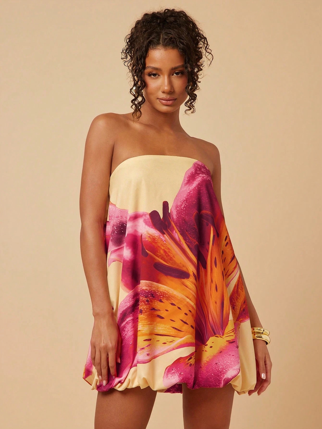 Travachic Women's Orange Floral Tube Bubble Dress, Beach Vacation Style, Summer Outfits, Festival Sexy Casual Luxury
