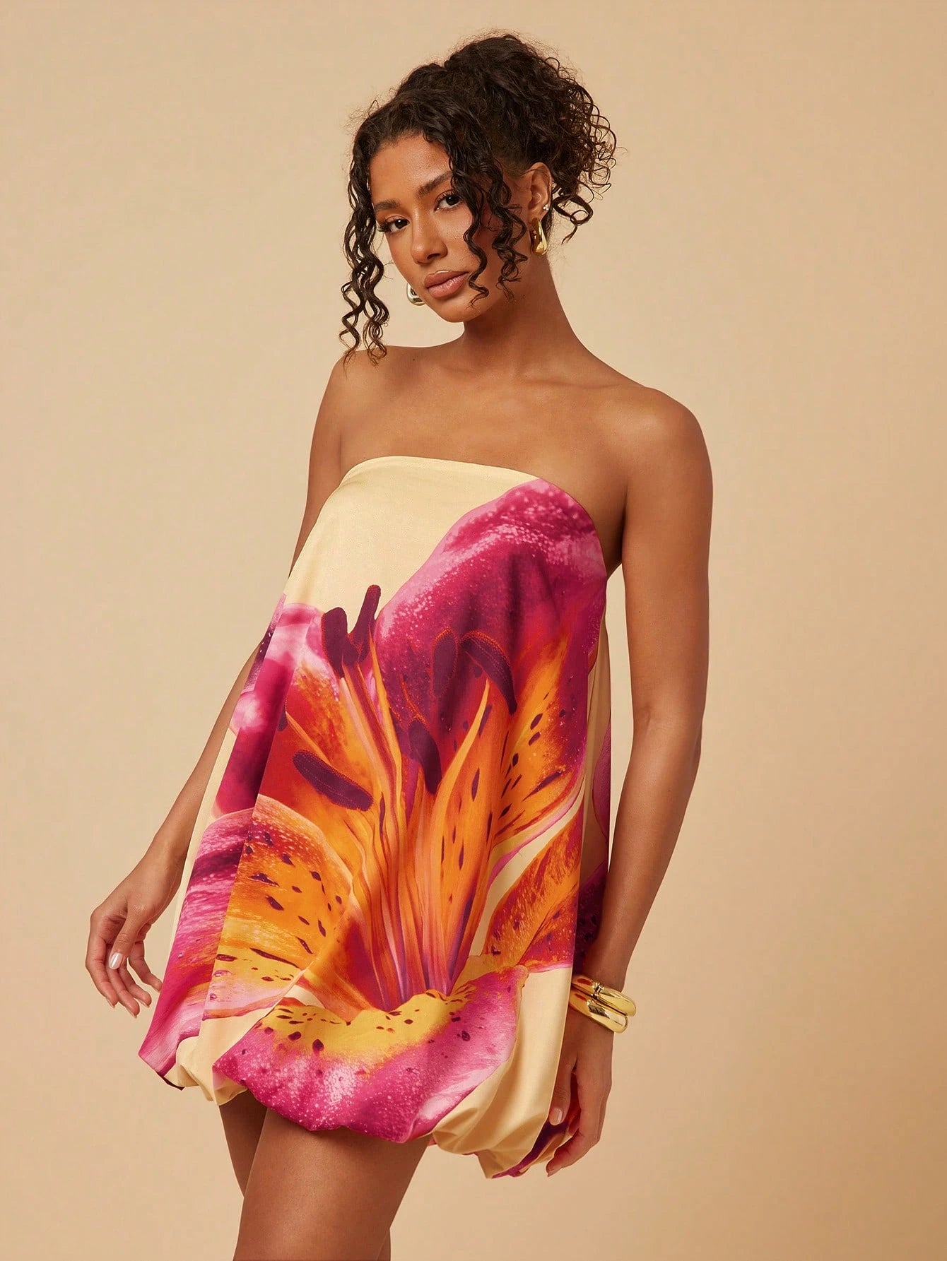 Travachic Women's Orange Floral Tube Bubble Dress, Beach Vacation Style, Summer Outfits, Festival Sexy Casual Luxury