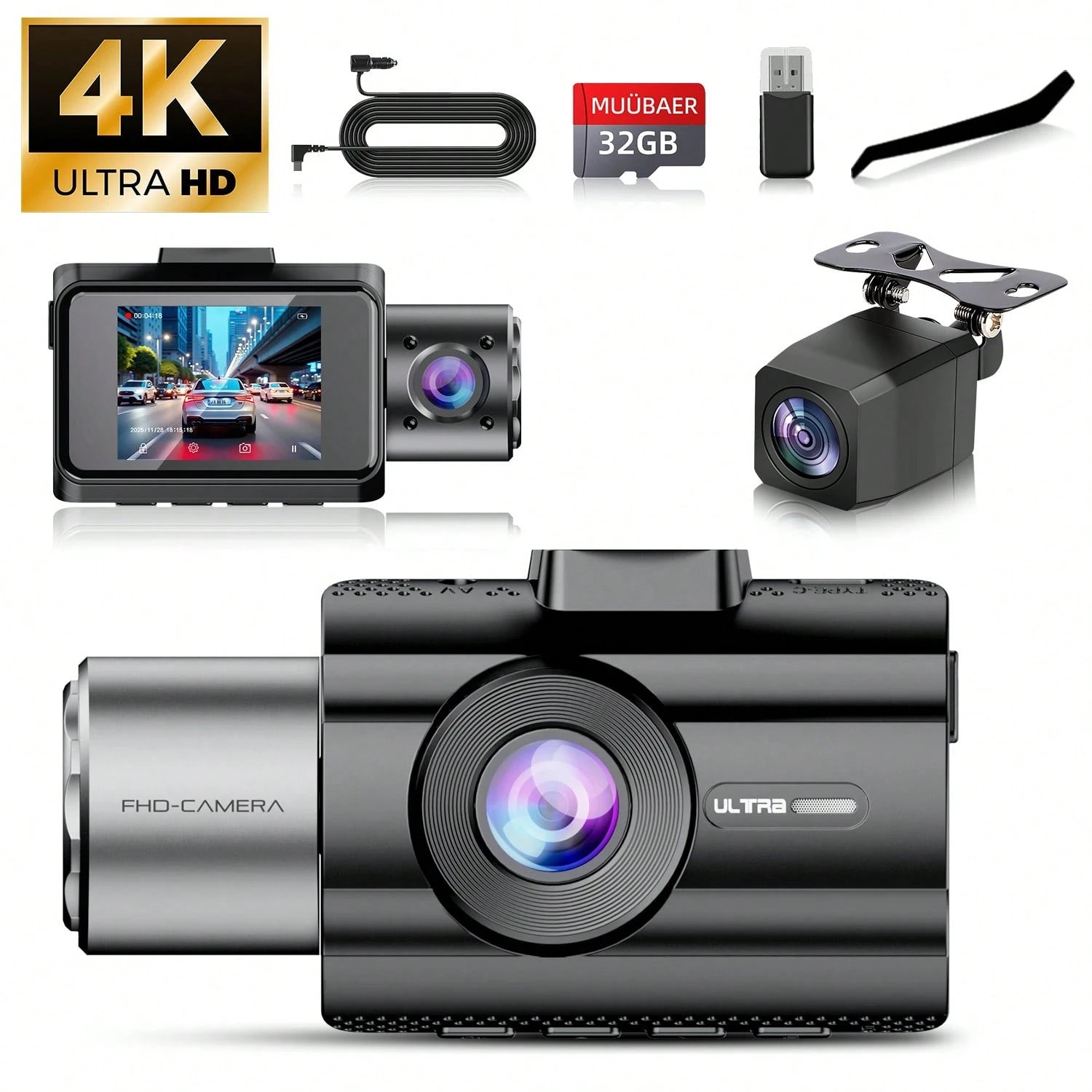 Triple Dash Cam 4K Front & 1080P Rear/Interior, 3 Channel Car Camera With 32GB Card, IR Night Vision, 24/7 Parking Surveillance, G-Sensor, Loop Recording, For Cars, Trucks