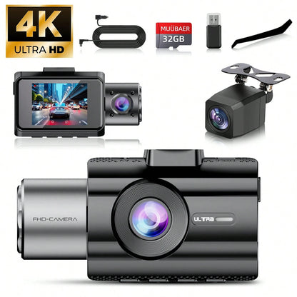 Triple Dash Cam 4K Front & 1080P Rear/Interior, 3 Channel Car Camera With 32GB Card, IR Night Vision, 24/7 Parking Surveillance, G-Sensor, Loop Recording, For Cars, Trucks