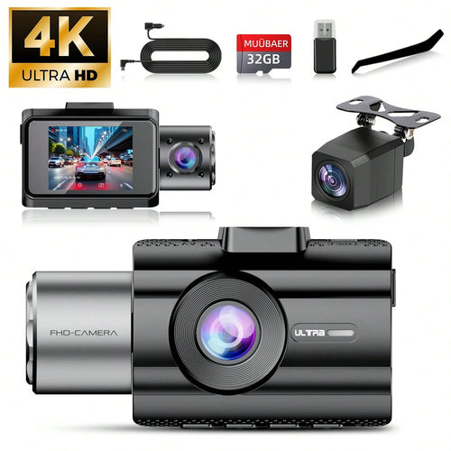 Triple Dash Cam 4K Front & 1080P Rear/Interior, 3 Channel Car Camera With 32GB Card, IR Night Vision, 24/7 Parking Surveillance, G-Sensor, Loop Recording, For Cars, Trucks