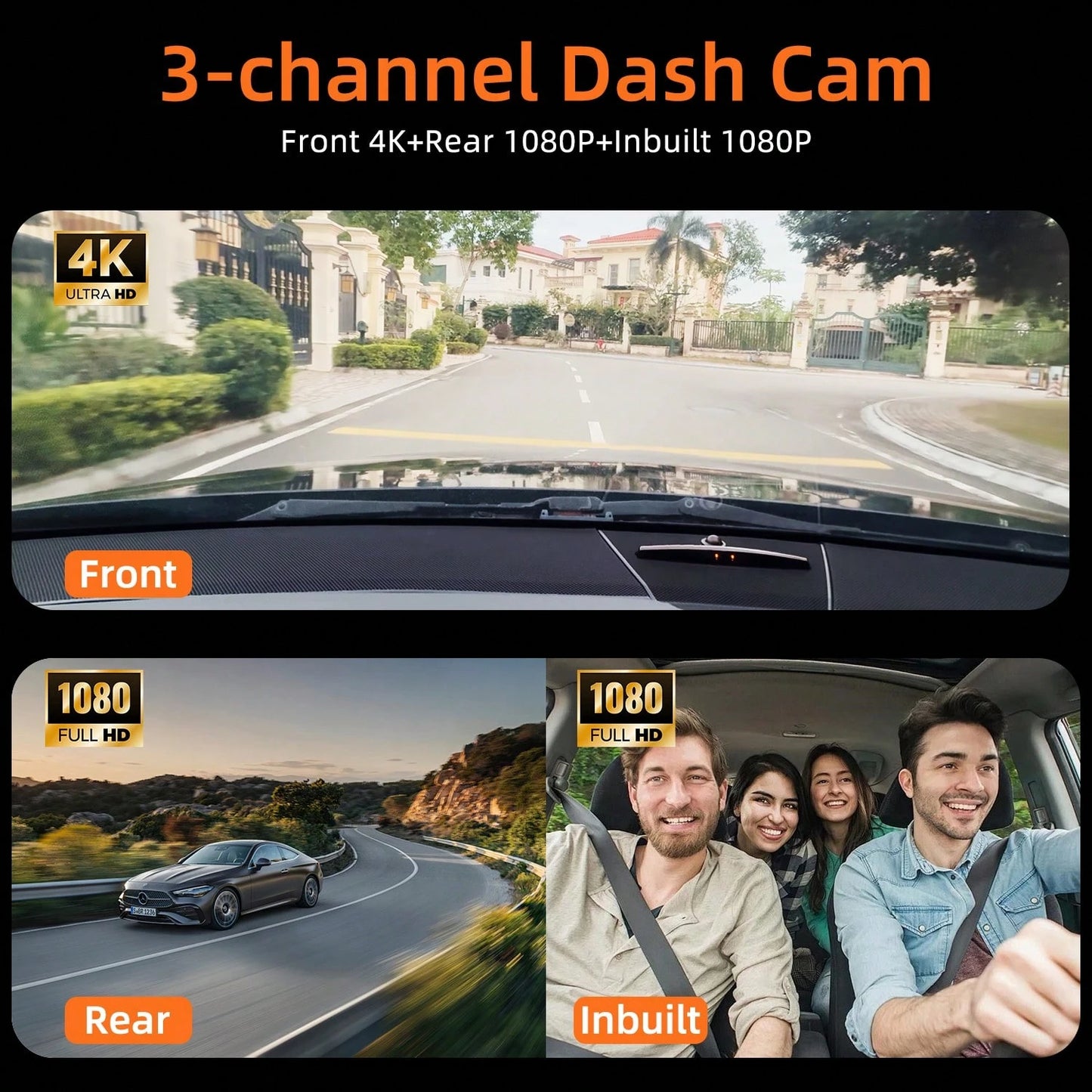 Triple Dash Cam 4K Front & 1080P Rear/Interior, 3 Channel Car Camera With 32GB Card, IR Night Vision, 24/7 Parking Surveillance, G-Sensor, Loop Recording, For Cars, Trucks