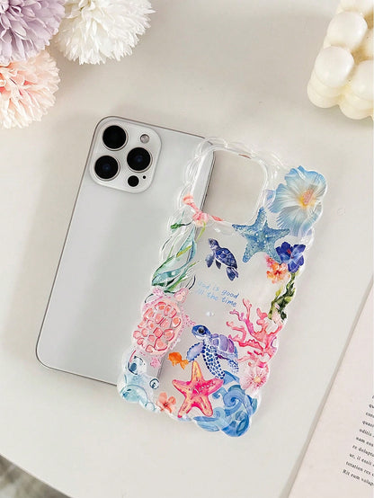 Turtle Braided Wavy Edge Minimalist High-End TPU Painted Shockproof Phone Case Protective Cover With Handmade Beaded Bracelet Accessory, Compatible With IPhone 16/11/16pro/16plus/16promax/16e/15Promax