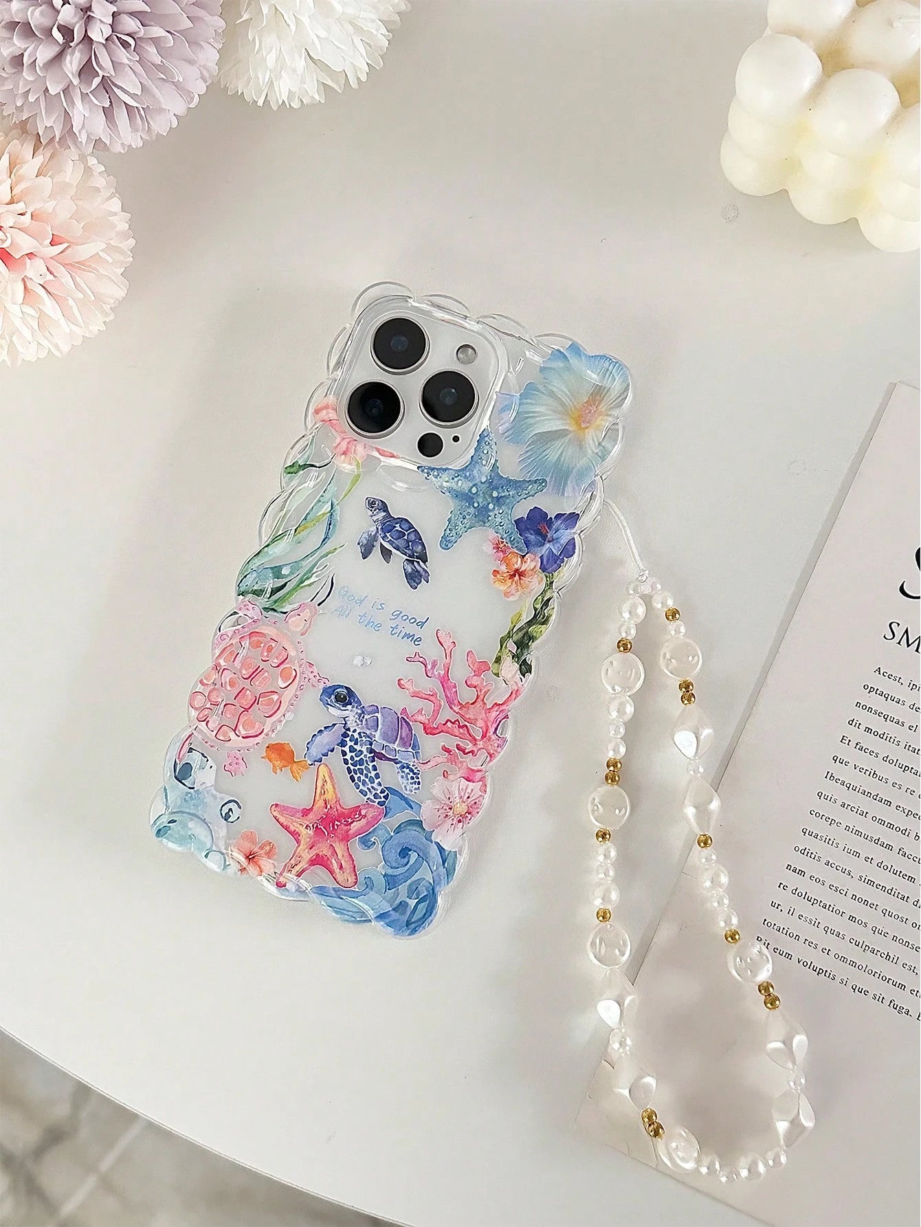 Turtle Braided Wavy Edge Minimalist High-End TPU Painted Shockproof Phone Case Protective Cover With Handmade Beaded Bracelet Accessory, Compatible With IPhone 16/11/16pro/16plus/16promax/16e/15Promax