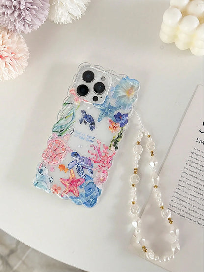Turtle Braided Wavy Edge Minimalist High-End TPU Painted Shockproof Phone Case Protective Cover With Handmade Beaded Bracelet Accessory, Compatible With IPhone 16/11/16pro/16plus/16promax/16e/15Promax