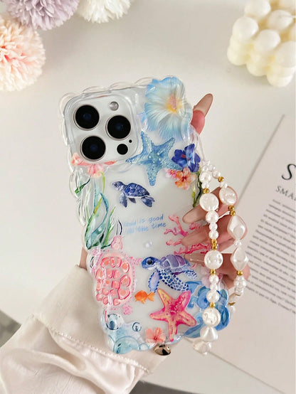 Turtle Braided Wavy Edge Minimalist High-End TPU Painted Shockproof Phone Case Protective Cover With Handmade Beaded Bracelet Accessory, Compatible With IPhone 16/11/16pro/16plus/16promax/16e/15Promax