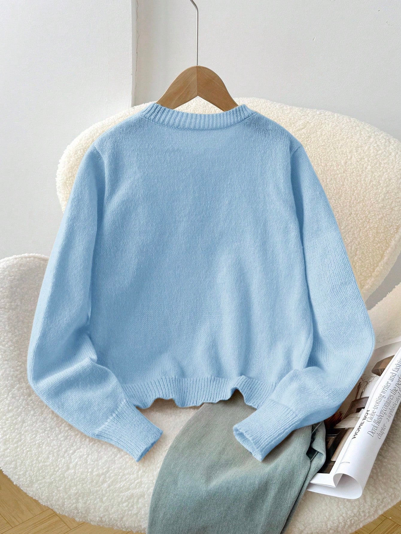 Tween Girl Tween Girl Loose Casual Minimalist Comfortable Round Neck Button Front Solid Color Autumn Sweater