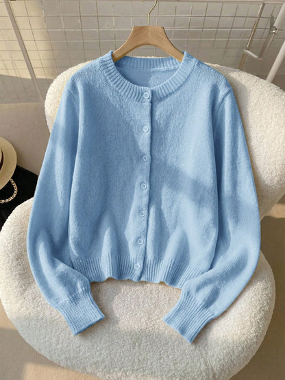 Tween Girl Tween Girl Loose Casual Minimalist Comfortable Round Neck Button Front Solid Color Autumn Sweater