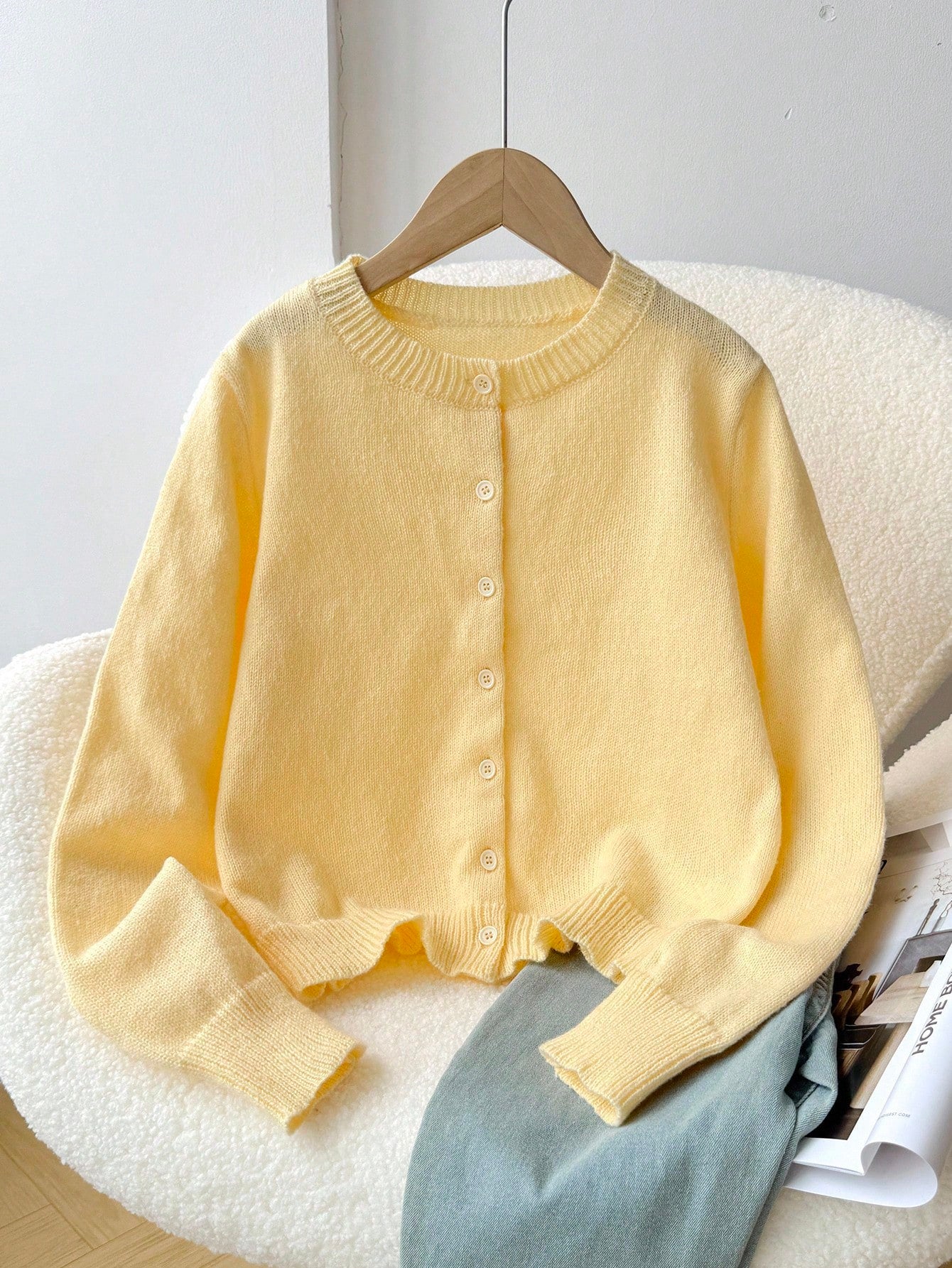 Tween Girl Tween Girl Loose Casual Minimalist Comfortable Round Neck Button Front Solid Color Autumn Sweater