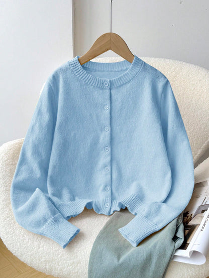 Tween Girl Tween Girl Loose Casual Minimalist Comfortable Round Neck Button Front Solid Color Autumn Sweater