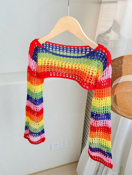 Tween Girl Tween Girl Loose Rainbow Striped Cropped Long Sleeve Pullover Autumn Sweater, Summer