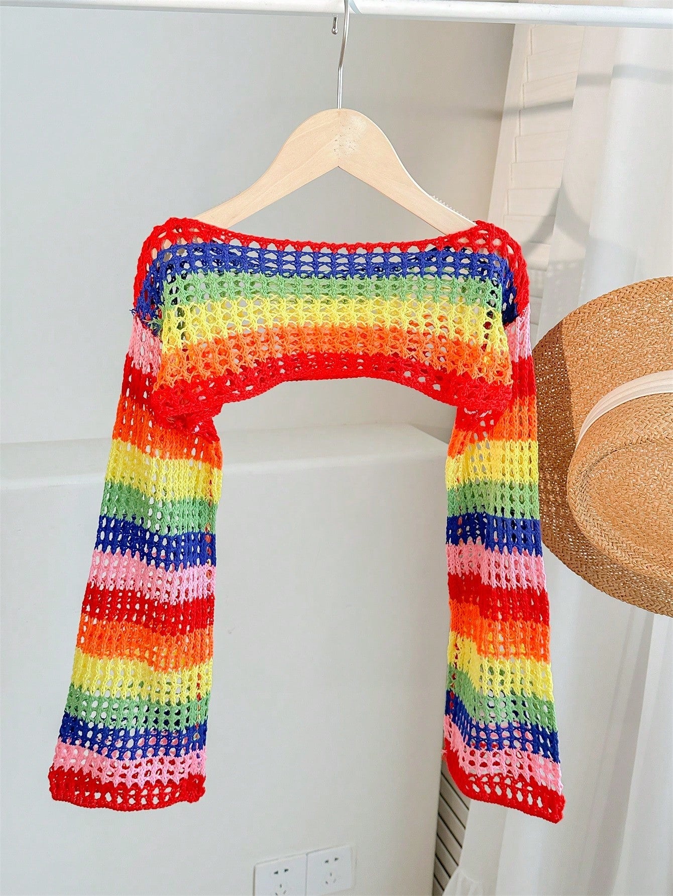 Tween Girl Tween Girl Loose Rainbow Striped Cropped Long Sleeve Pullover Autumn Sweater, Summer
