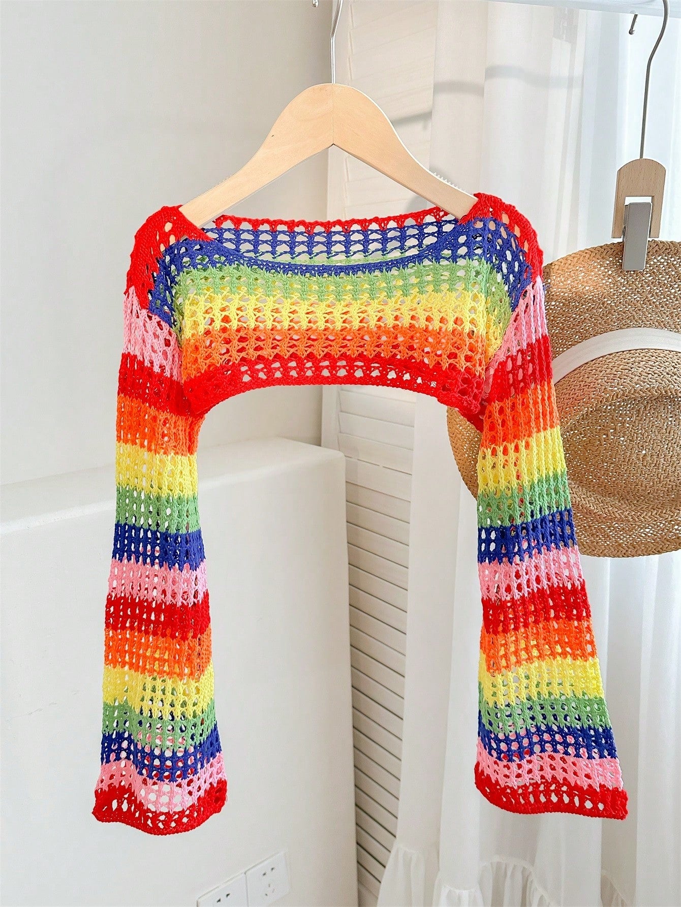 Tween Girl Tween Girl Loose Rainbow Striped Cropped Long Sleeve Pullover Autumn Sweater, Summer