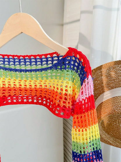 Tween Girl Tween Girl Loose Rainbow Striped Cropped Long Sleeve Pullover Autumn Sweater, Summer