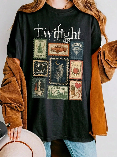 Twilight Vintage Stamp Pattern Print Casual Short Sleeve Tee, Casual Soft Women Summer Top Graphic Tee, Daily Outfit