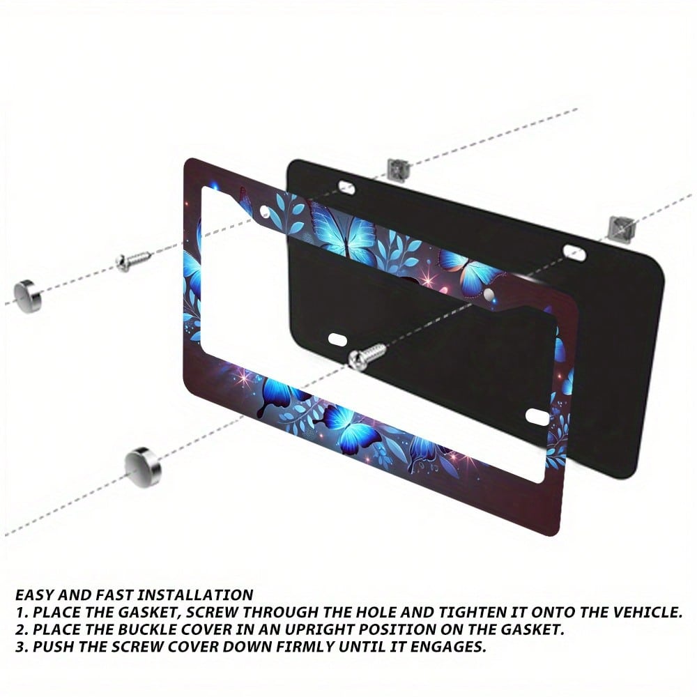 Two-Piece Set Of Cute Blue License Plate Frames- Eye-Catching Insect Aluminum Metal License Plate Holders, Rust-Proof And Waterproof Car Decorative License Plate Holders, Suitable For Standard Americ