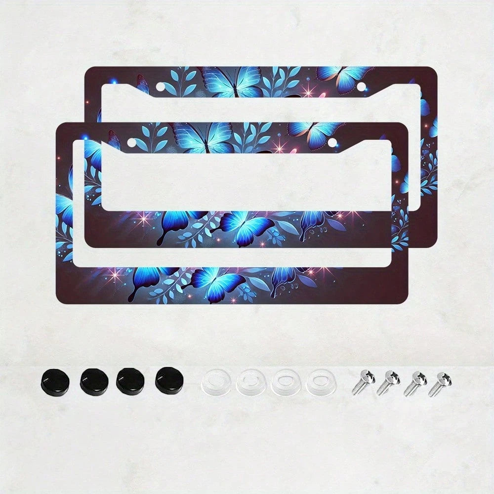 Two-Piece Set Of Cute Blue License Plate Frames- Eye-Catching Insect Aluminum Metal License Plate Holders, Rust-Proof And Waterproof Car Decorative License Plate Holders, Suitable For Standard Americ