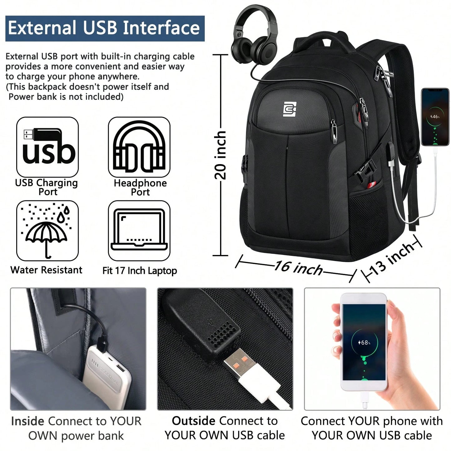 UKEIN 1PC Travel Laptop Backpack, Business Water Resistant Laptop Backpack With USB Charging Port, College Bag For Men & Women