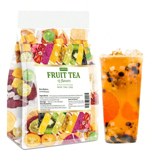 ULTHMOK 15 Kinds Of Fruit Teas 7.94 Oz/225g, Made Of Rock Sugar, Dried Lemon Slices, Dried Oranges, Dried Pineapple, Passion Fruit, Apples, Pears, And Dragon Fruit, Without Additives And Caffeine. Sui