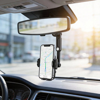 Ultra-Secure Rearview Mirror Phone Holder – Adjustable Quad-Claw & Telescopic Arm, Fits All Phones (4-7") & Most Car Mirrors