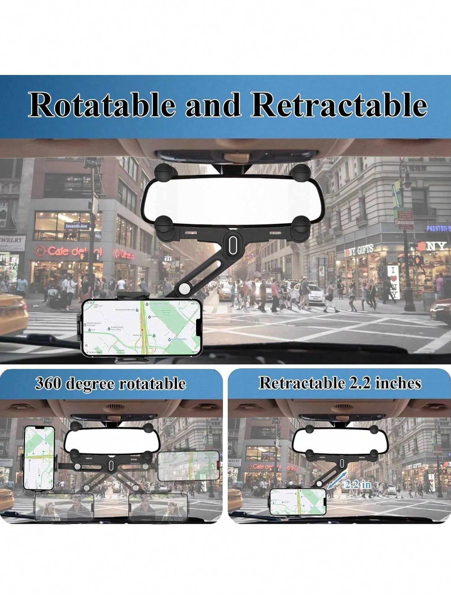 Ultra-Secure Rearview Mirror Phone Holder – Adjustable Quad-Claw & Telescopic Arm, Fits All Phones (4-7") & Most Car Mirrors