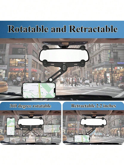 Ultra-Secure Rearview Mirror Phone Holder – Adjustable Quad-Claw & Telescopic Arm, Fits All Phones (4-7") & Most Car Mirrors