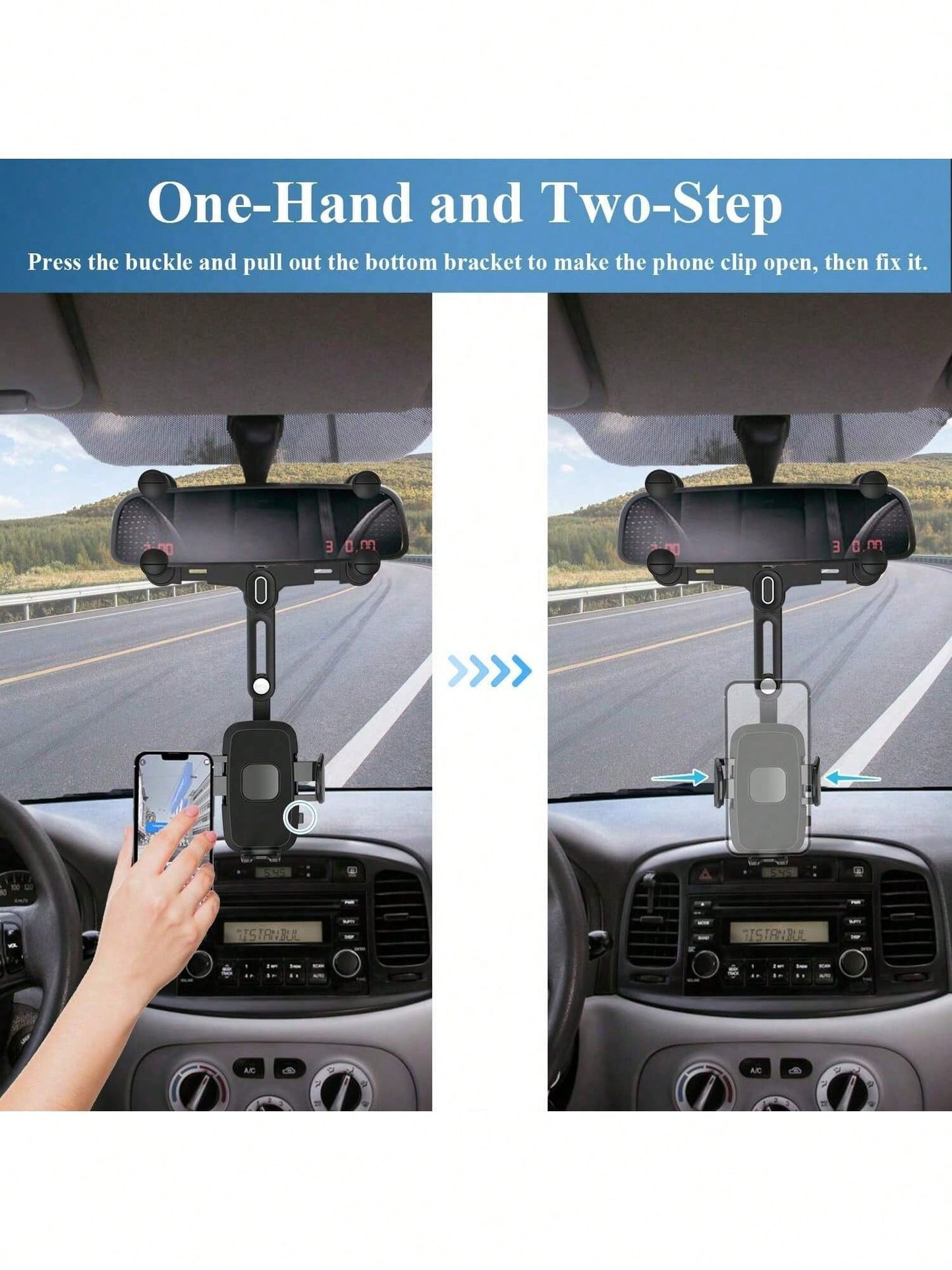 Ultra-Secure Rearview Mirror Phone Holder – Adjustable Quad-Claw & Telescopic Arm, Fits All Phones (4-7") & Most Car Mirrors