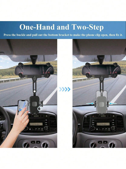 Ultra-Secure Rearview Mirror Phone Holder – Adjustable Quad-Claw & Telescopic Arm, Fits All Phones (4-7") & Most Car Mirrors