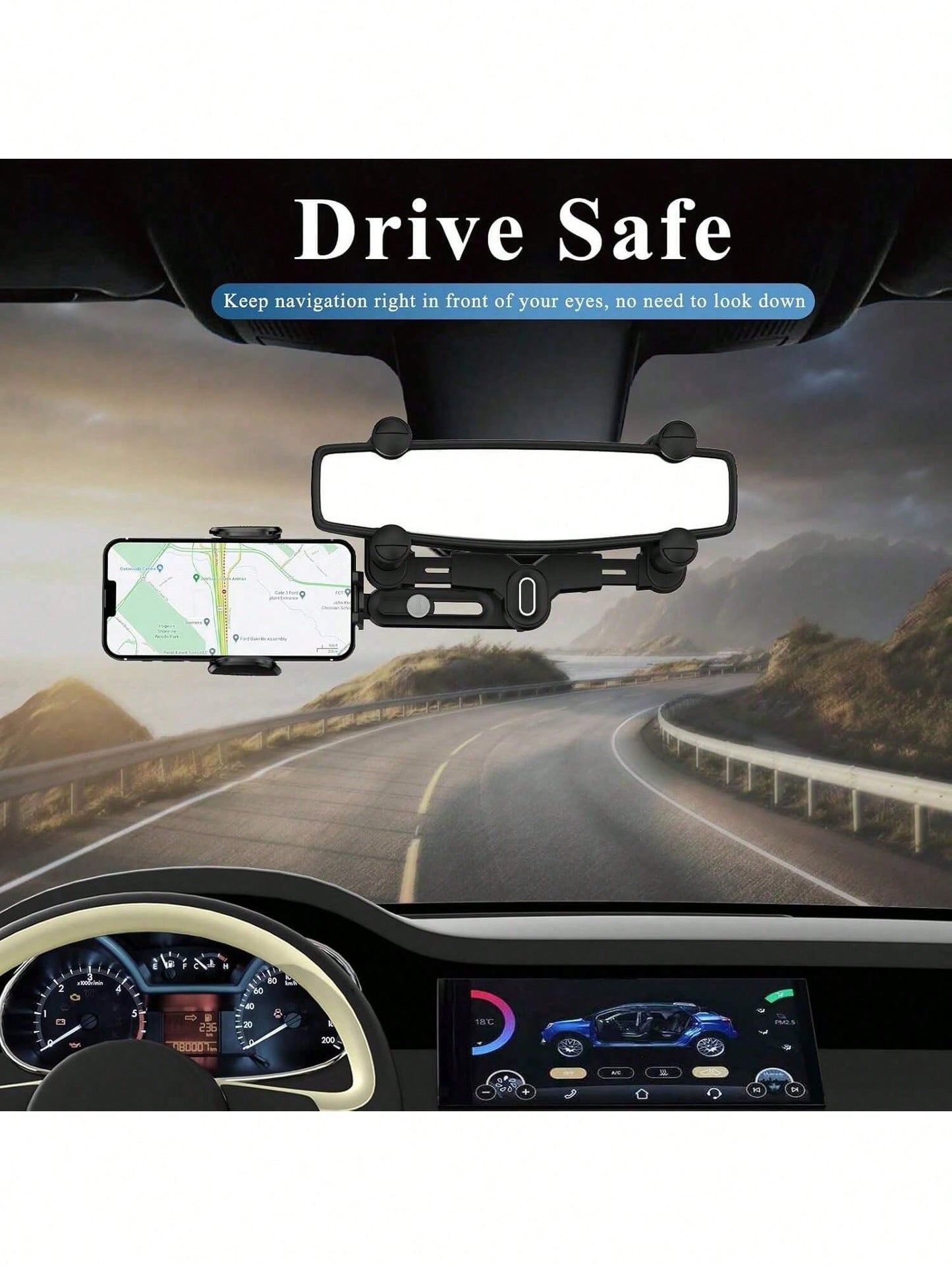 Ultra-Secure Rearview Mirror Phone Holder – Adjustable Quad-Claw & Telescopic Arm, Fits All Phones (4-7") & Most Car Mirrors