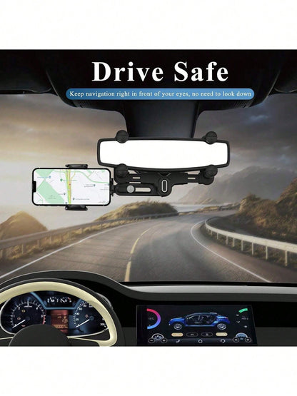 Ultra-Secure Rearview Mirror Phone Holder – Adjustable Quad-Claw & Telescopic Arm, Fits All Phones (4-7") & Most Car Mirrors