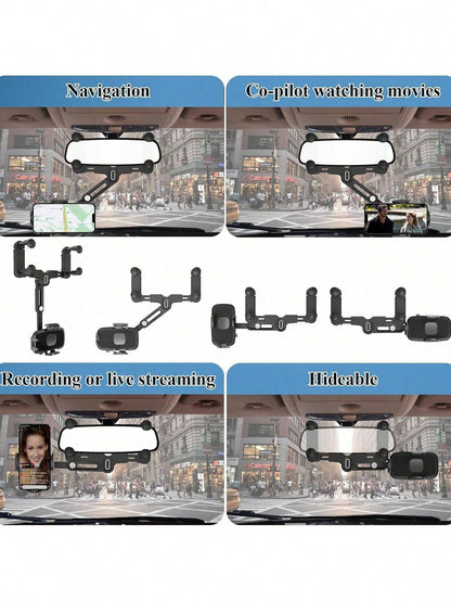 Ultra-Secure Rearview Mirror Phone Holder – Adjustable Quad-Claw & Telescopic Arm, Fits All Phones (4-7") & Most Car Mirrors