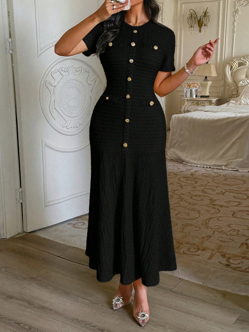 Unadoll Women's Autumn Black Tweed Midi Dress, Short Sleeve Button-Up Fitted Mermaid Dress Elegant Summer