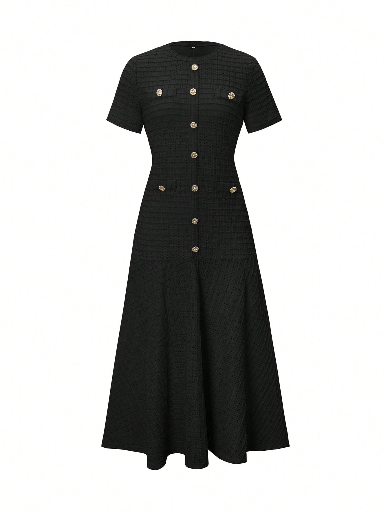 Unadoll Women's Autumn Black Tweed Midi Dress, Short Sleeve Button-Up Fitted Mermaid Dress Elegant Summer