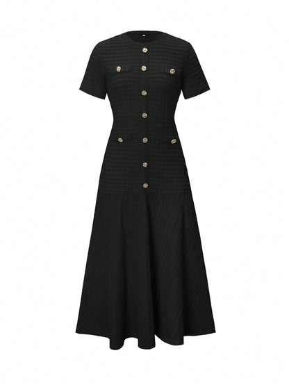 Unadoll Women's Autumn Black Tweed Midi Dress, Short Sleeve Button-Up Fitted Mermaid Dress Elegant Summer