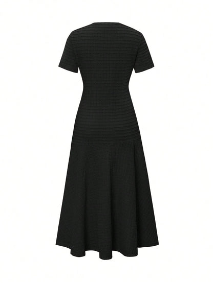 Unadoll Women's Autumn Black Tweed Midi Dress, Short Sleeve Button-Up Fitted Mermaid Dress Elegant Summer
