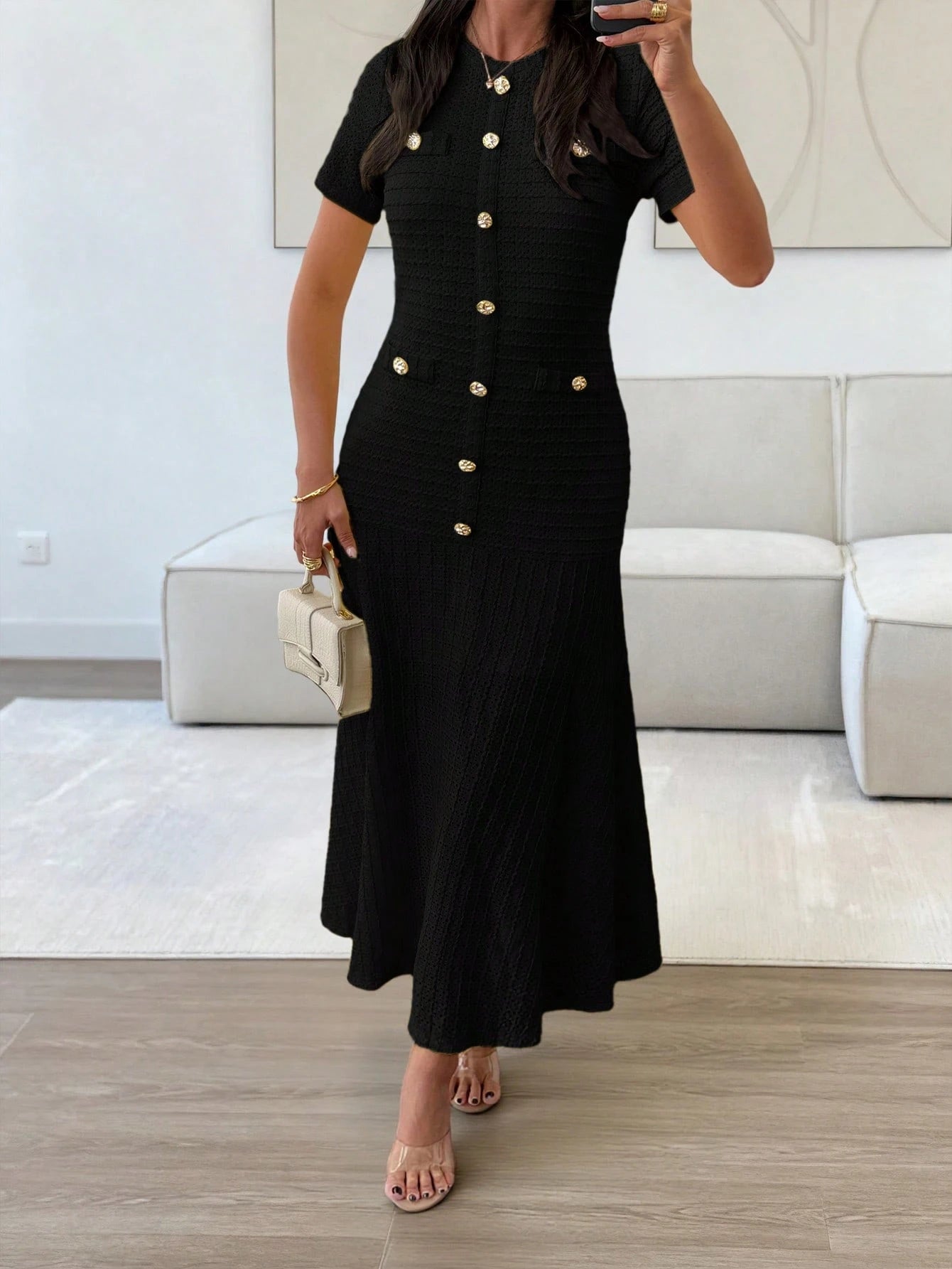 Unadoll Women's Autumn Black Tweed Midi Dress, Short Sleeve Button-Up Fitted Mermaid Dress Elegant Summer