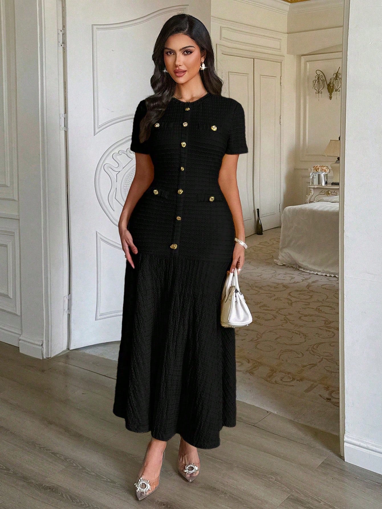 Unadoll Women's Autumn Black Tweed Midi Dress, Short Sleeve Button-Up Fitted Mermaid Dress Elegant Summer