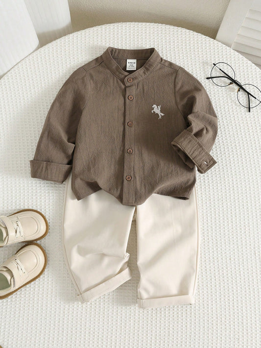 Unisex Baby Boy/Girl Baby Boy 2pcs Autumn/Winter Casual Vintage Style Long Sleeve Shirt And Long Pants Set, Baby Boy Outfit Sets, Baby Boy Clothes, Squishy, Vintage