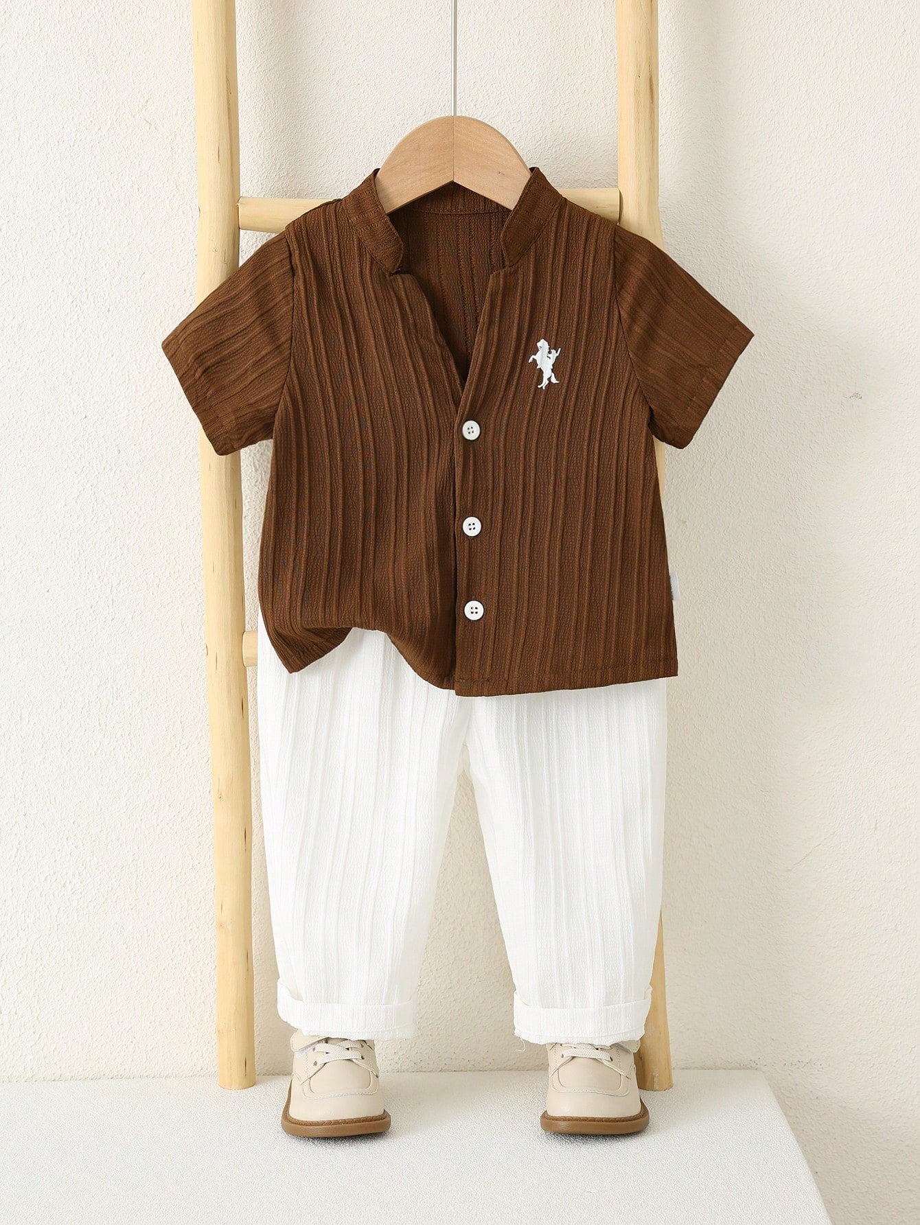 Unisex Baby Boy/Girl Baby Boy 2pcs Spring/Summer Casual Vacation Style Striped Stand Collar Short Sleeve Shirt And Long Pants Set, Baby Boy Outfit Sets, Baby Boy Summer Clothes