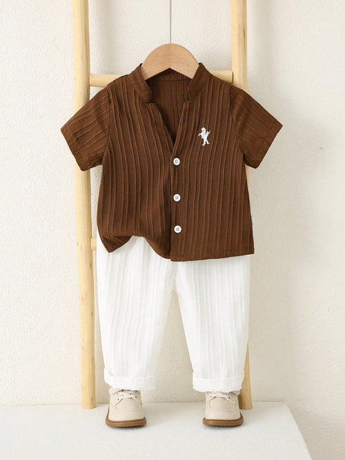 Unisex Baby Boy/Girl Baby Boy 2pcs Spring/Summer Casual Vacation Style Striped Stand Collar Short Sleeve Shirt And Long Pants Set, Baby Boy Outfit Sets, Baby Boy Summer Clothes