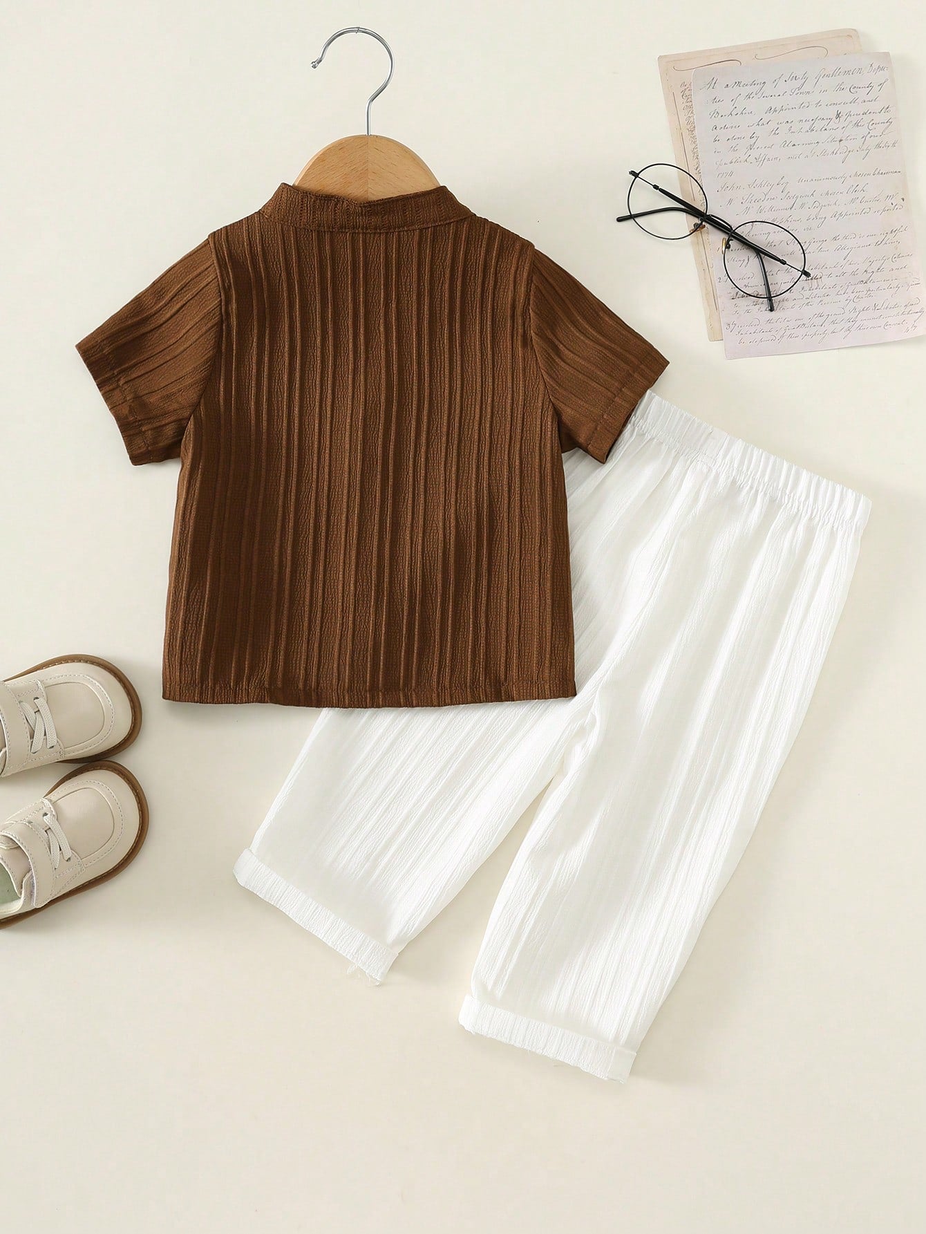 Unisex Baby Boy/Girl Baby Boy 2pcs Spring/Summer Casual Vacation Style Striped Stand Collar Short Sleeve Shirt And Long Pants Set, Baby Boy Outfit Sets, Baby Boy Summer Clothes