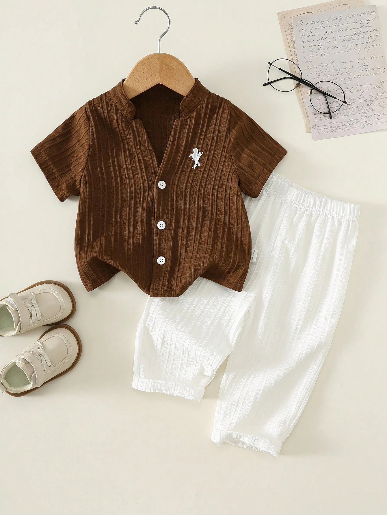 Unisex Baby Boy/Girl Baby Boy 2pcs Spring/Summer Casual Vacation Style Striped Stand Collar Short Sleeve Shirt And Long Pants Set, Baby Boy Outfit Sets, Baby Boy Summer Clothes