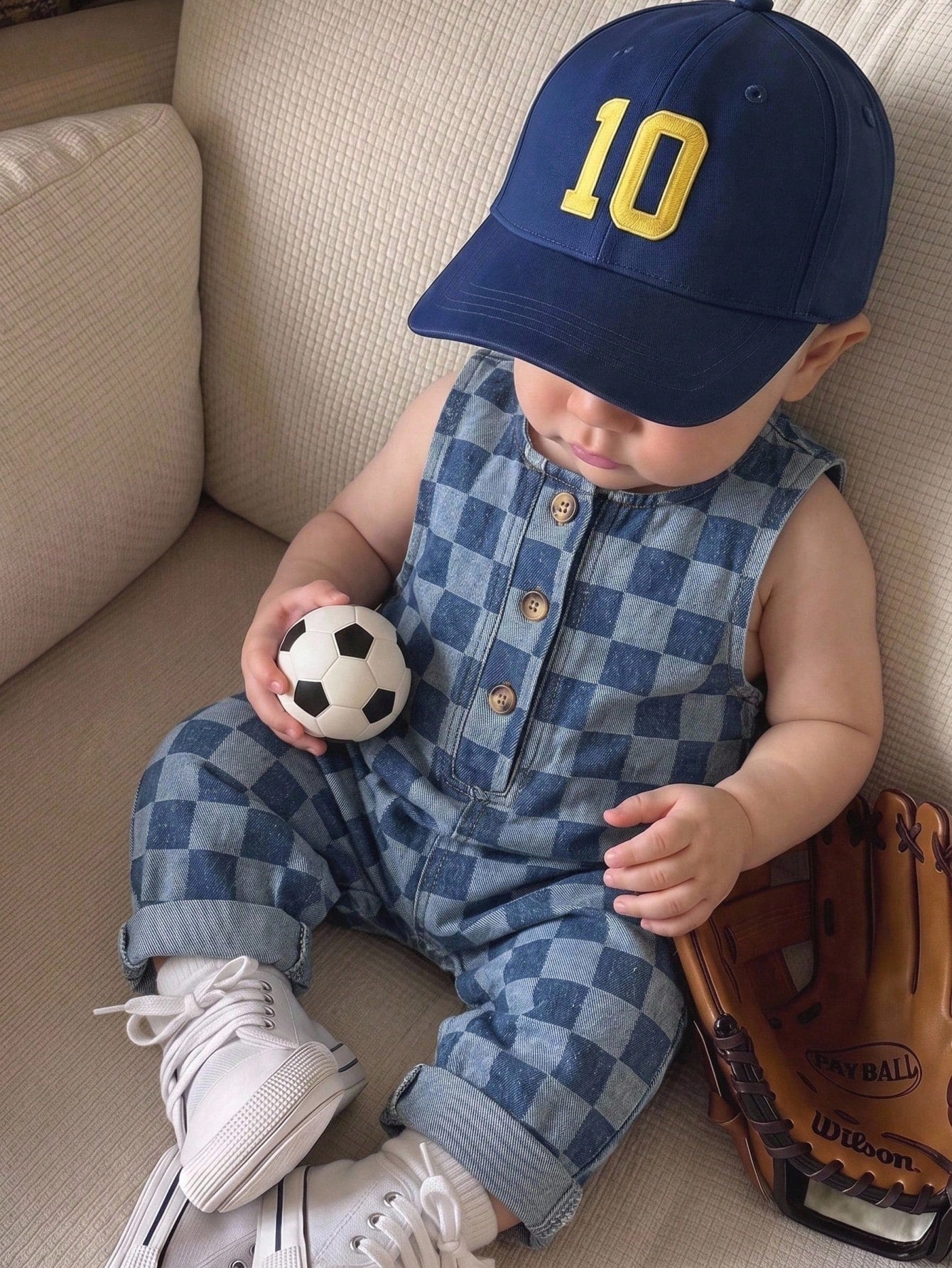 Unisex Newborn Baby Boy/Girl Baby Boy Spring/Summer Casual Cute Checkered Denim Romper
