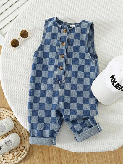 Unisex Newborn Baby Boy/Girl Baby Boy Spring/Summer Casual Cute Checkered Denim Romper